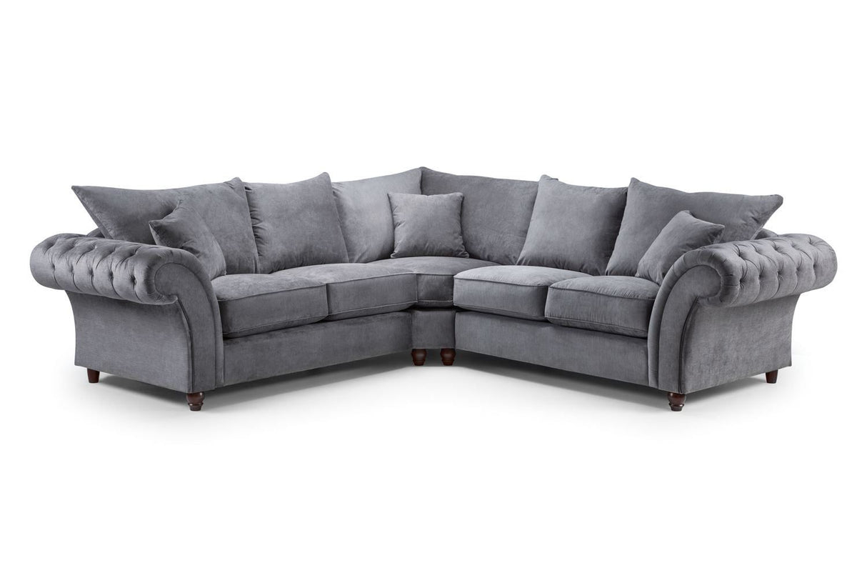 Grey Fabric Large Fullback Corner Sofa Buttoned Scroll Arms