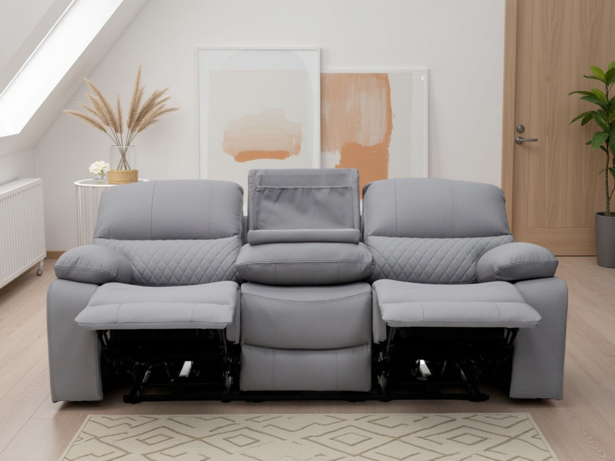 Grey Leather 3 Seater Electric Recliner Sofa with Cup Holder