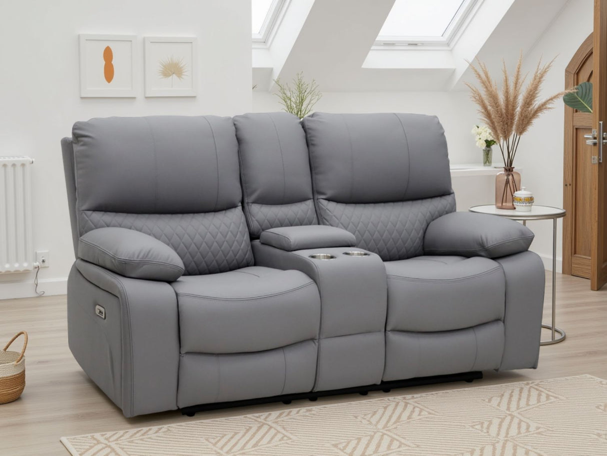 Grey Leather 2 Seater Electric Recliner Sofa with Console