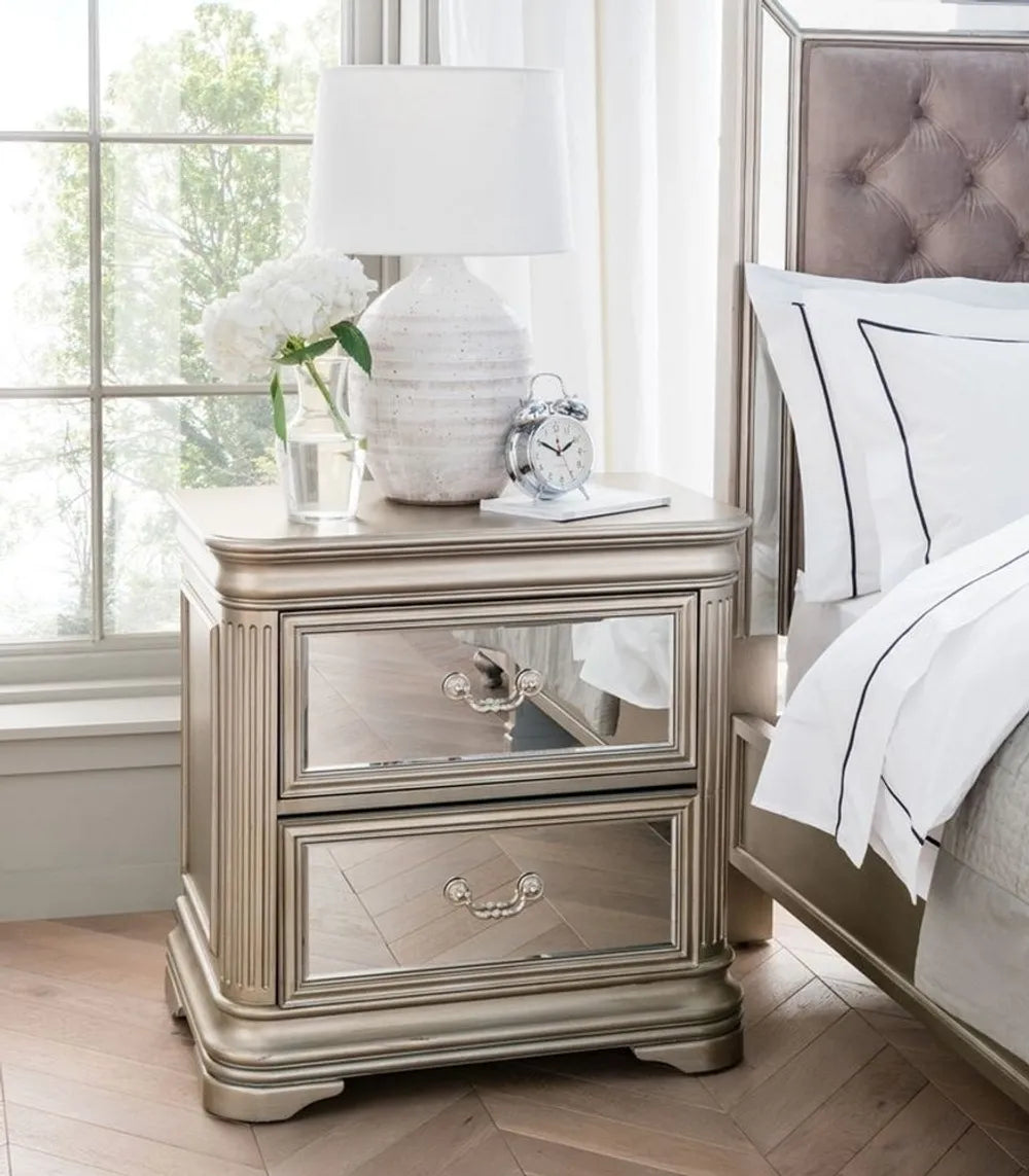 Champagne Gold and Mirrored 2 Drawer Bedside Table with Decorative Paneling