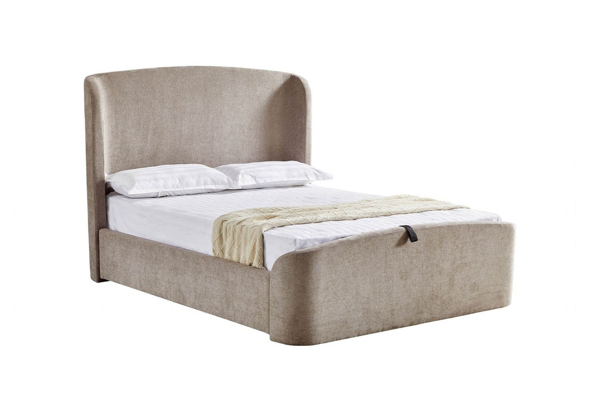 Beige Fabric Double Ottoman Bed with Wing Headboard
