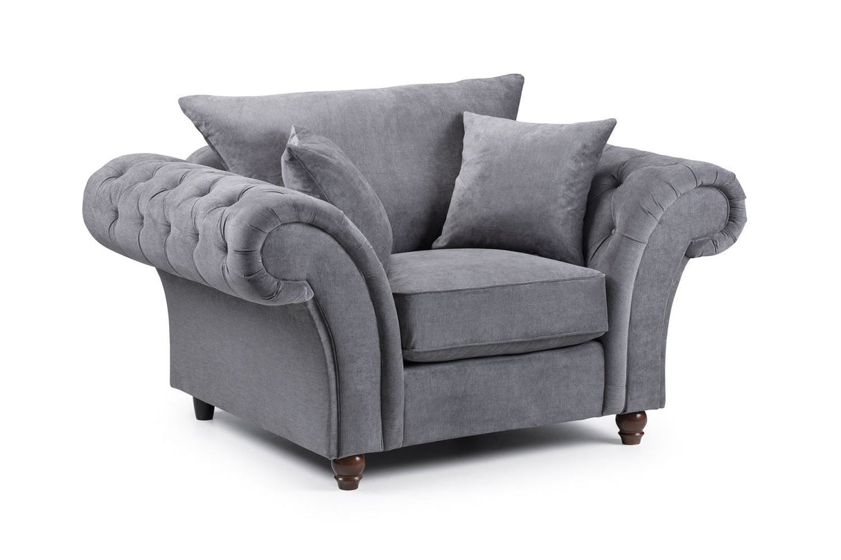 Grey Fabric Fullback Armchair Button Tufted Scroll Arms