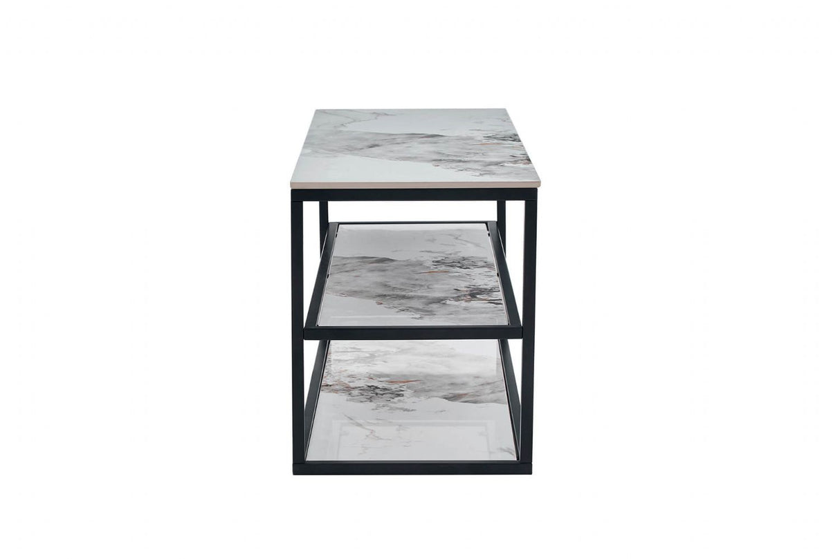 White Marble Effect Stone TV Media Unit Metal Framed