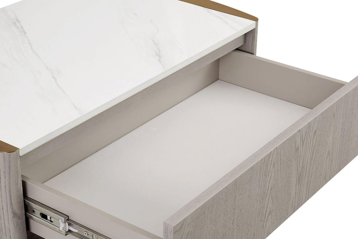 Greige Oak Sintered Stone Top Tall Chest of 5 Drawers