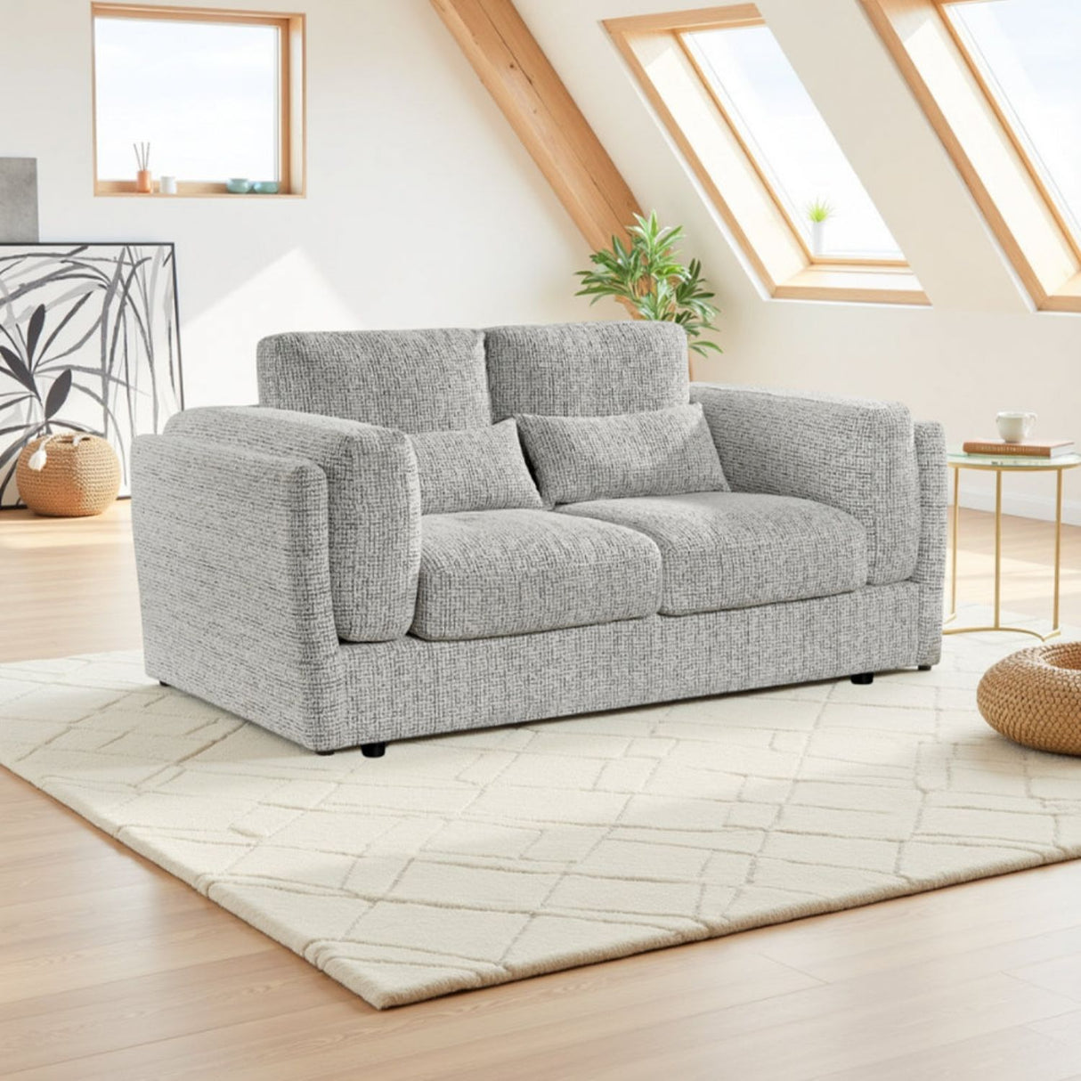 Grey Chenille Fabric 2 Seater Sofa with Chunky Arm Cushions