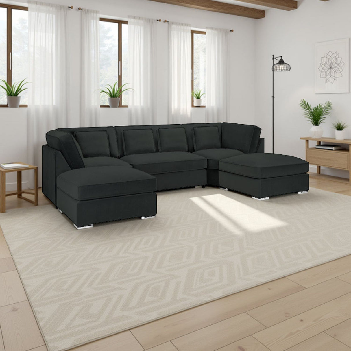 Slate Grey Velvet U Shape Corner Group Sofa with Footstool