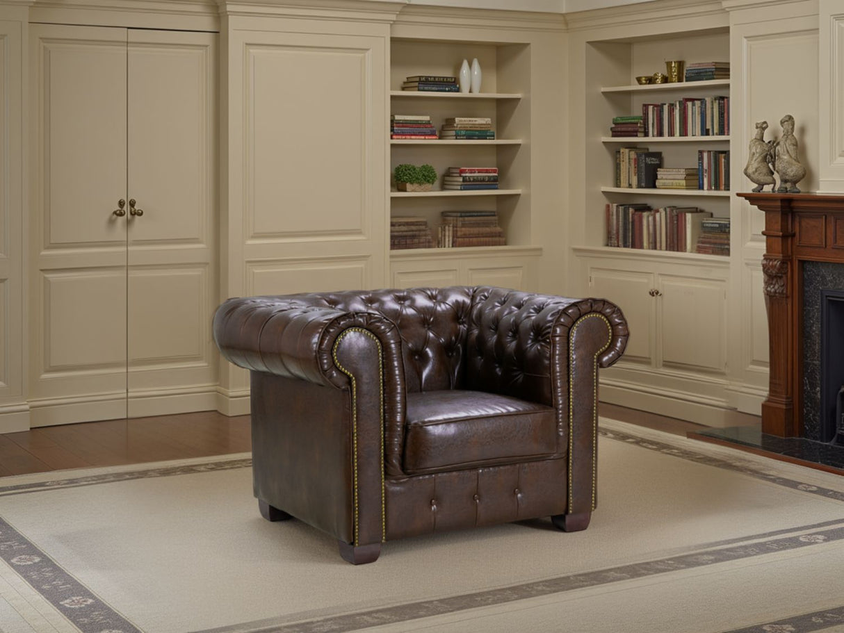 Antique Brown Leather Effect Buttoned Design Armchair