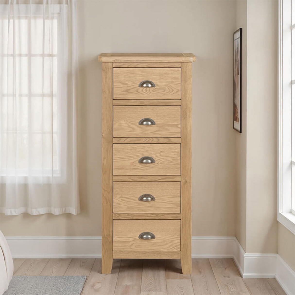 Natural Oak Narrow Chest of 5 Drawers Tallboy