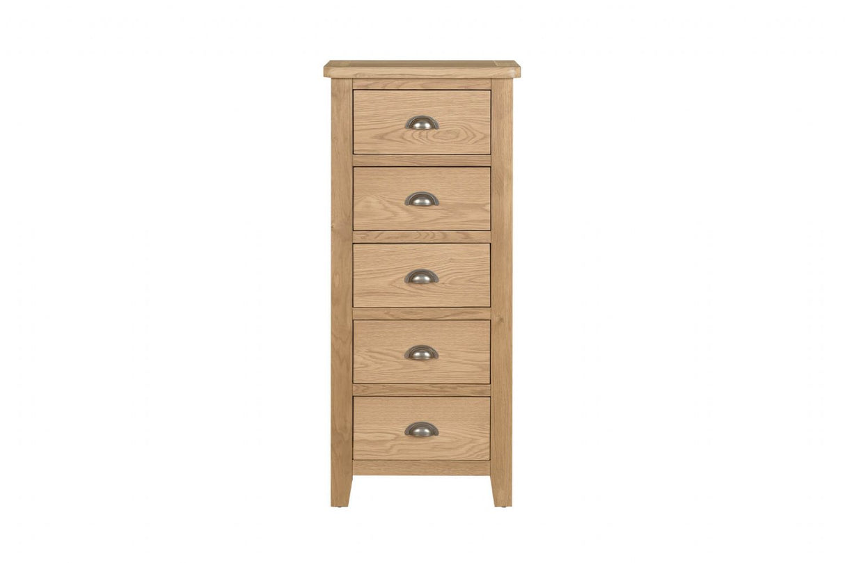 Natural Oak Narrow Chest of 5 Drawers Tallboy