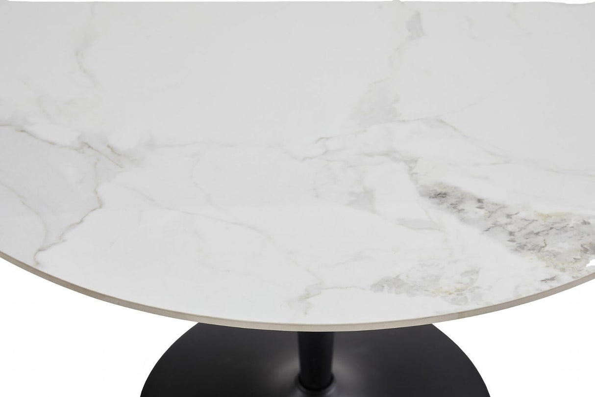White Stone Top Small 1m Round Dining Table Black Base
