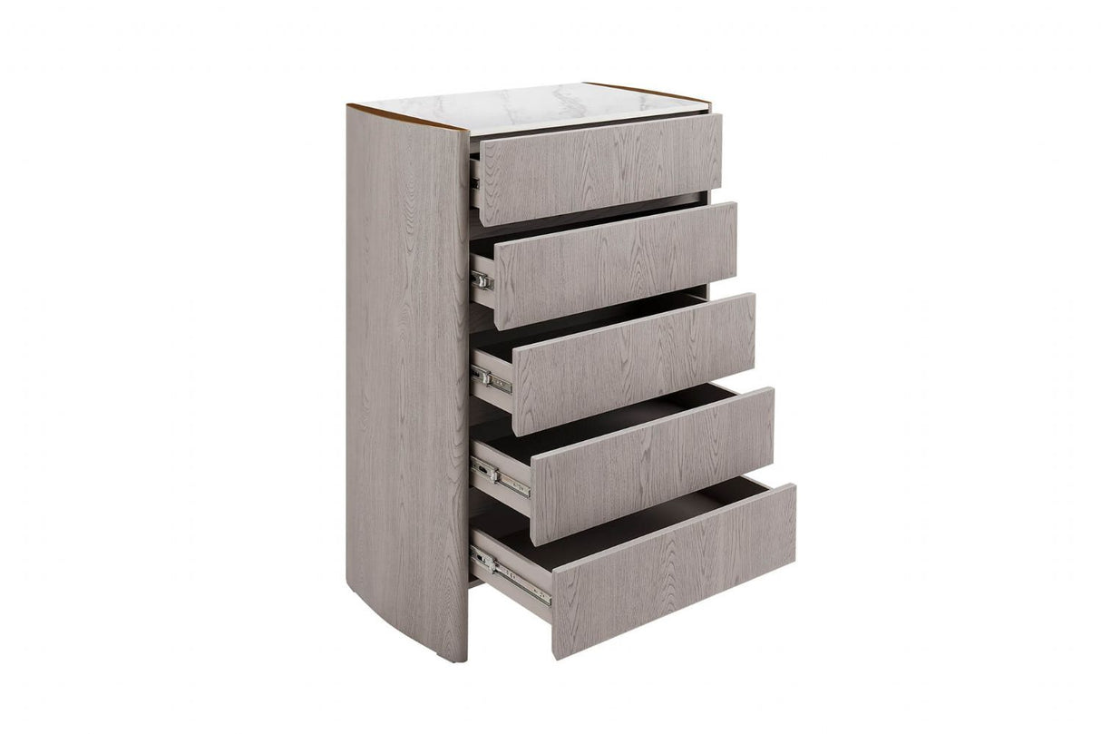 Greige Oak Sintered Stone Top Tall Chest of 5 Drawers