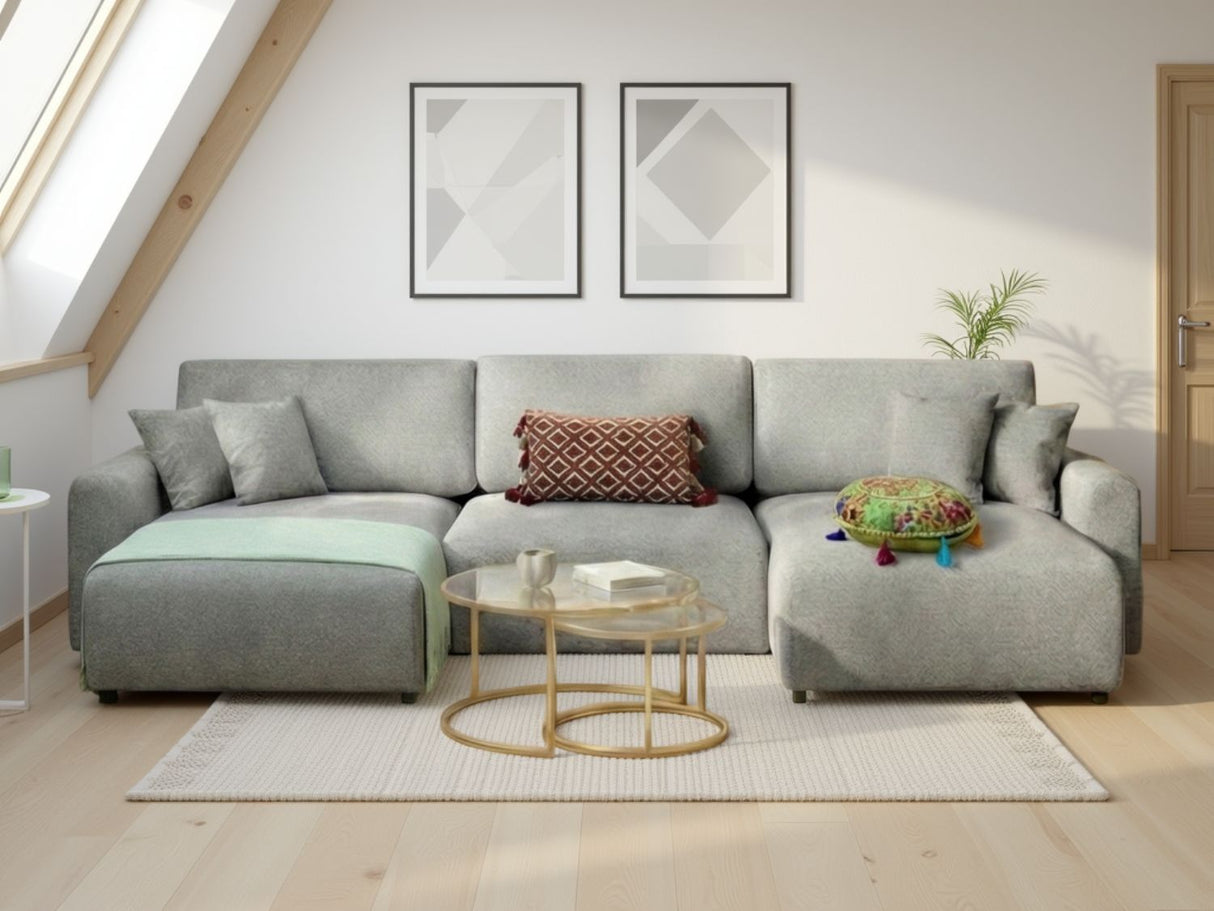 Grey Fabric Large U Shape Corner Sofa Bed with Storage