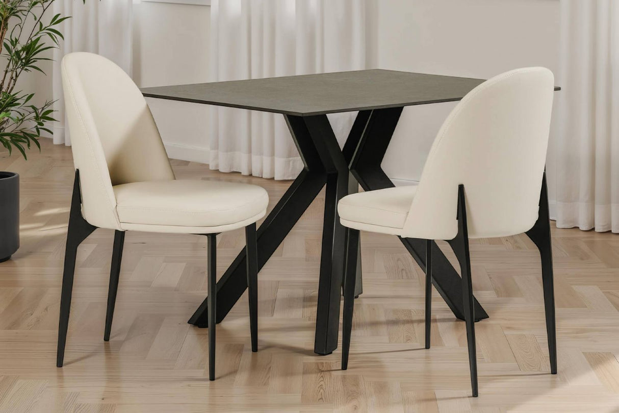 Taupe Cream Leather Curved Back Dining Chair Black Legs