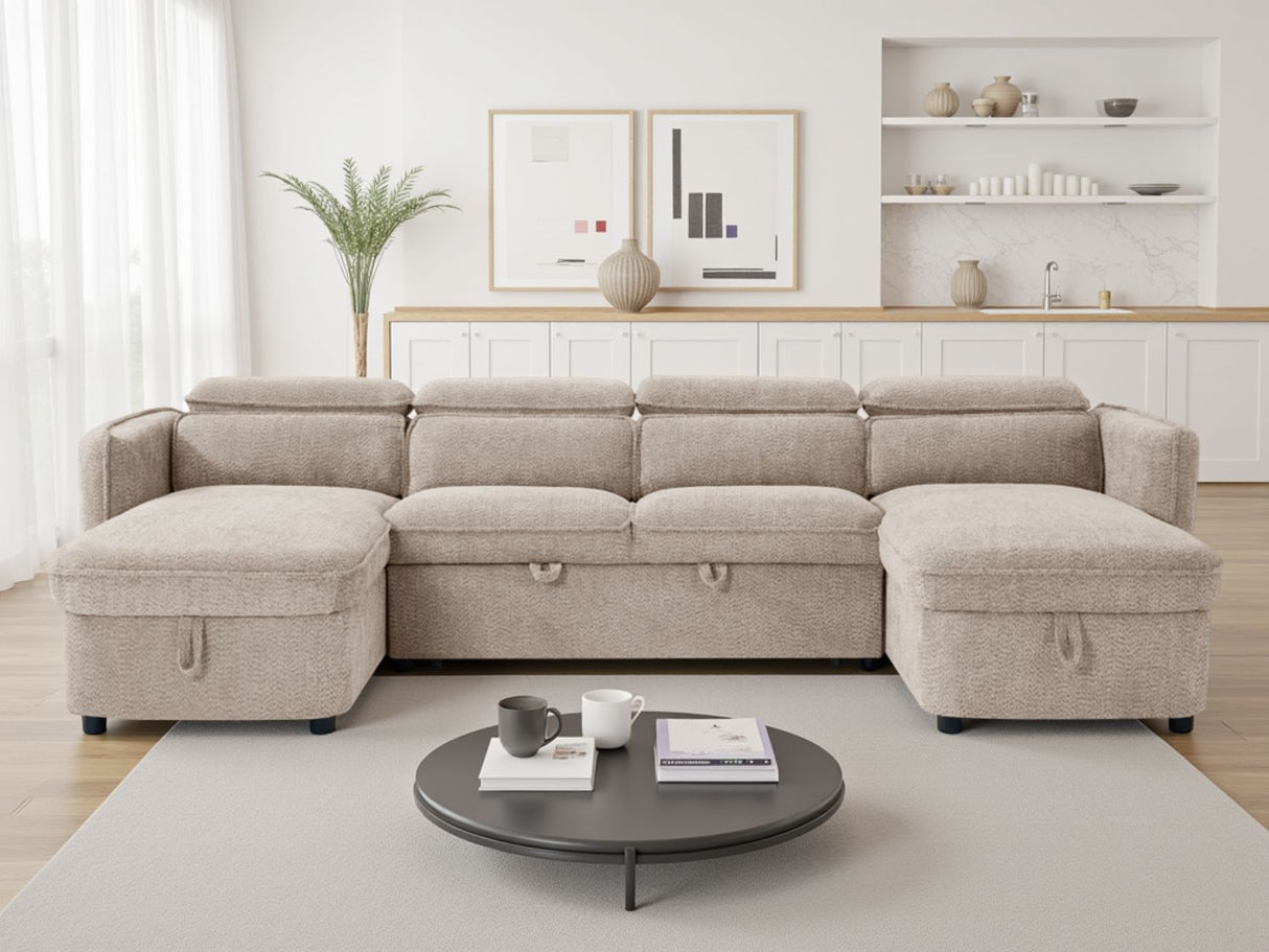 Beige Fabric Large U Shape Corner Chaise Sofa Bed