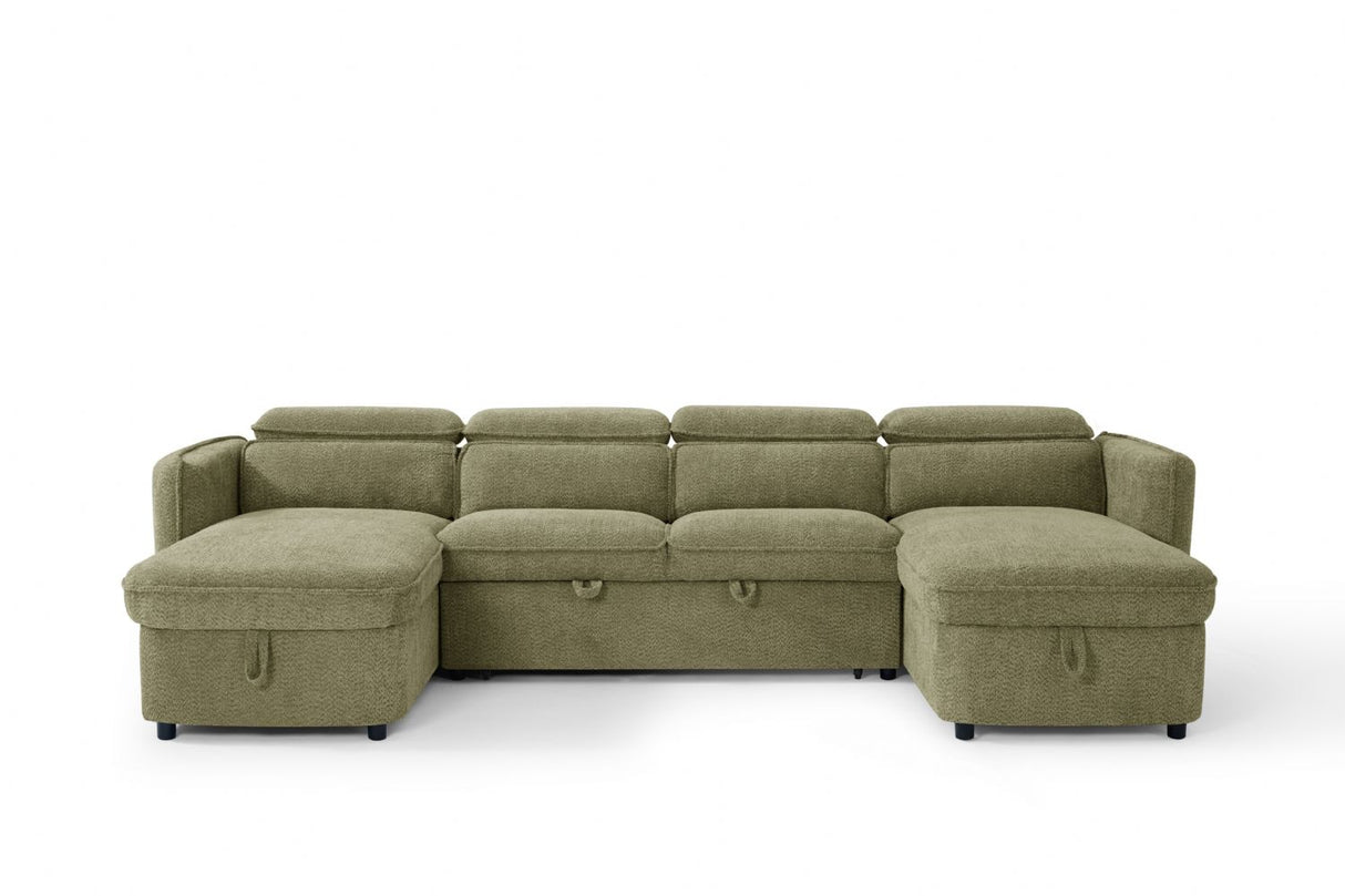 Green Fabric Large U Shape Corner Chaise Sofa Bed Headrests