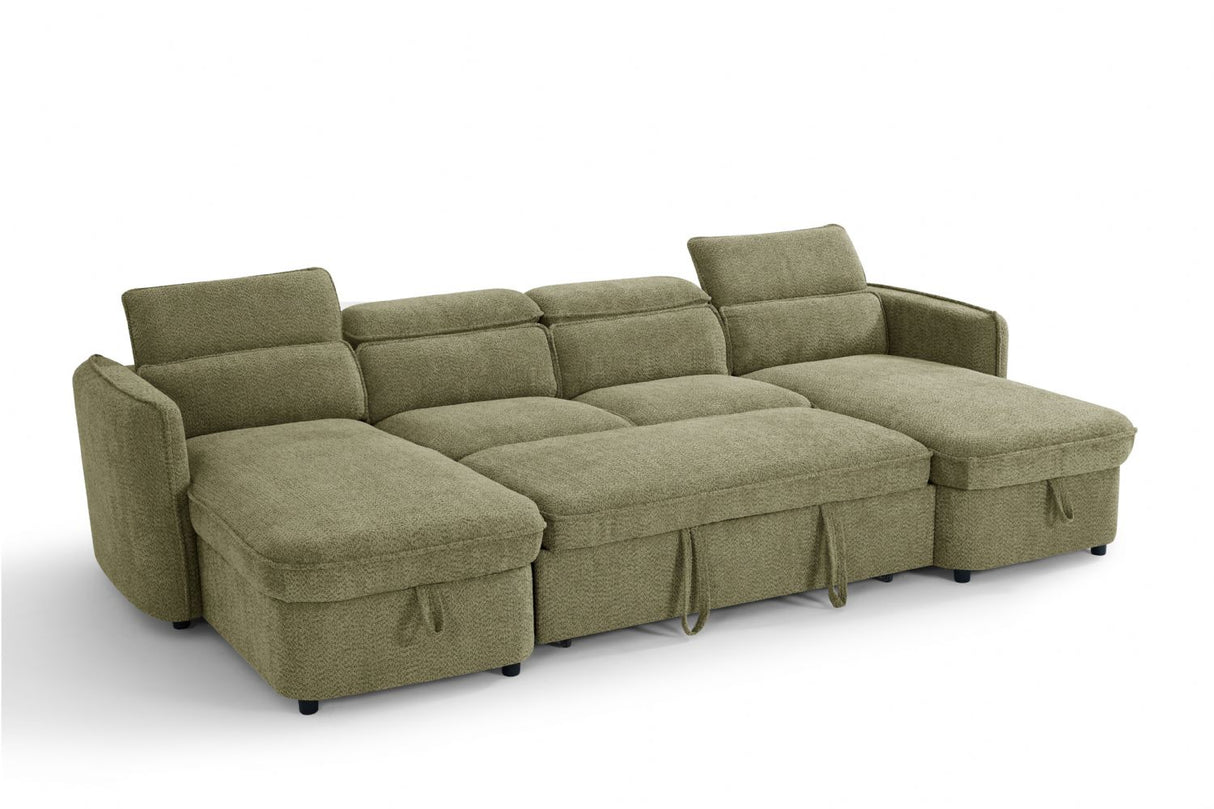Green Fabric Large U Shape Corner Chaise Sofa Bed Headrests