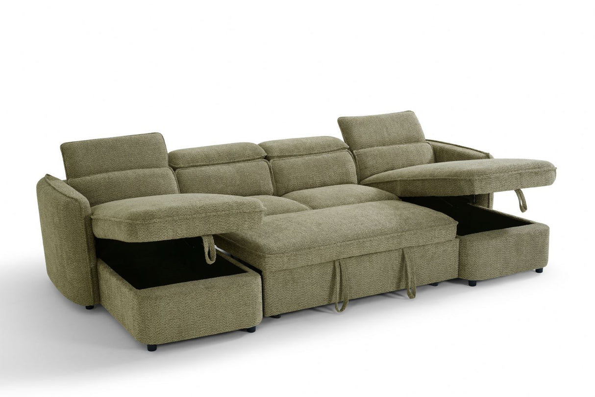 Green Fabric Large U Shape Corner Chaise Sofa Bed Headrests