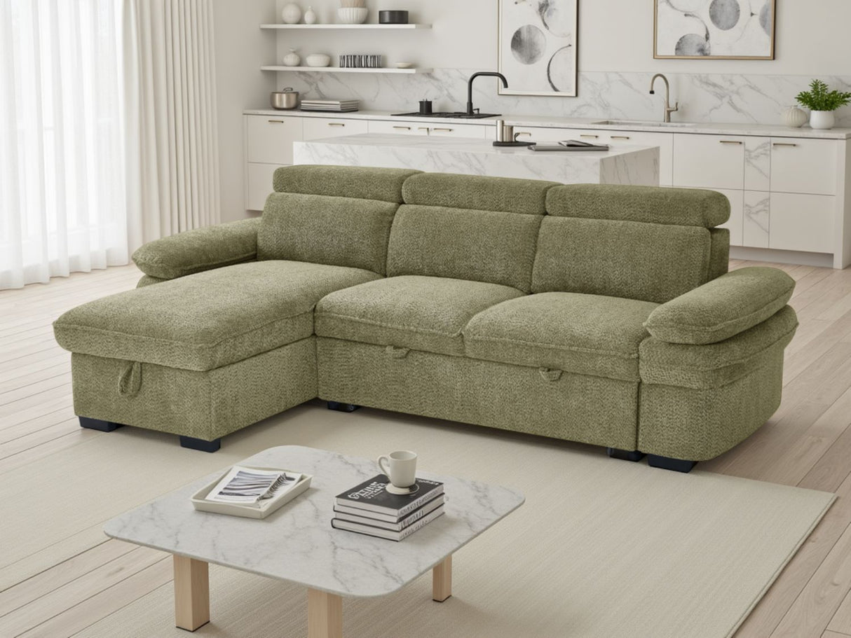Green Fabric Universal Corner Sofabed with Adjustable Arms