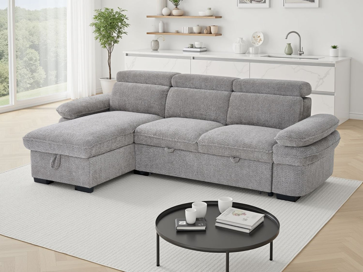Grey Textured Fabric Corner Chaise Sofa Bed Adjustable Arms