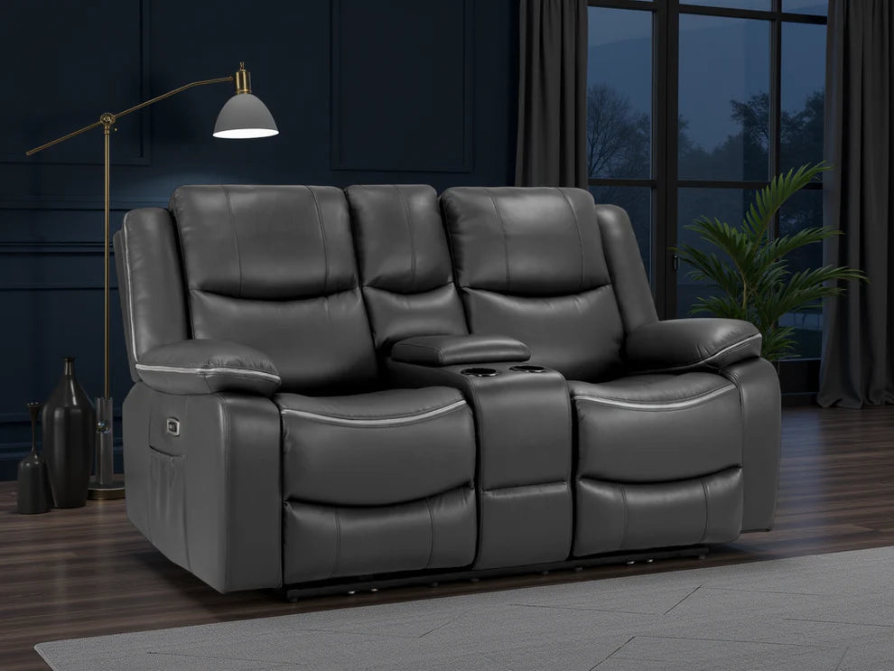 Black Leather 2 Seater High Back Electric Recliner Sofa