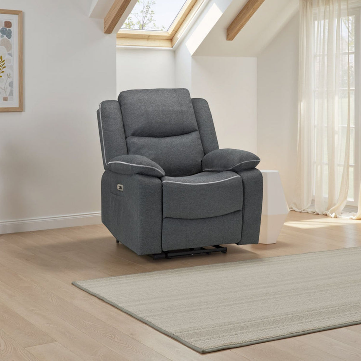 Grey Fabric Electric Recliner Armchair with Cup Holder