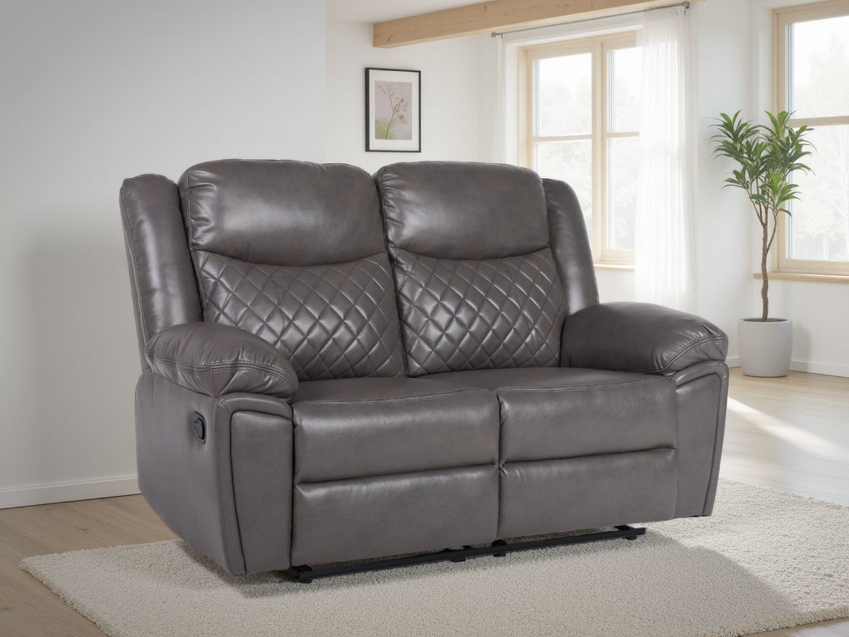 Grey Leather 2 Seater Quilted Manual Recliner Sofa
