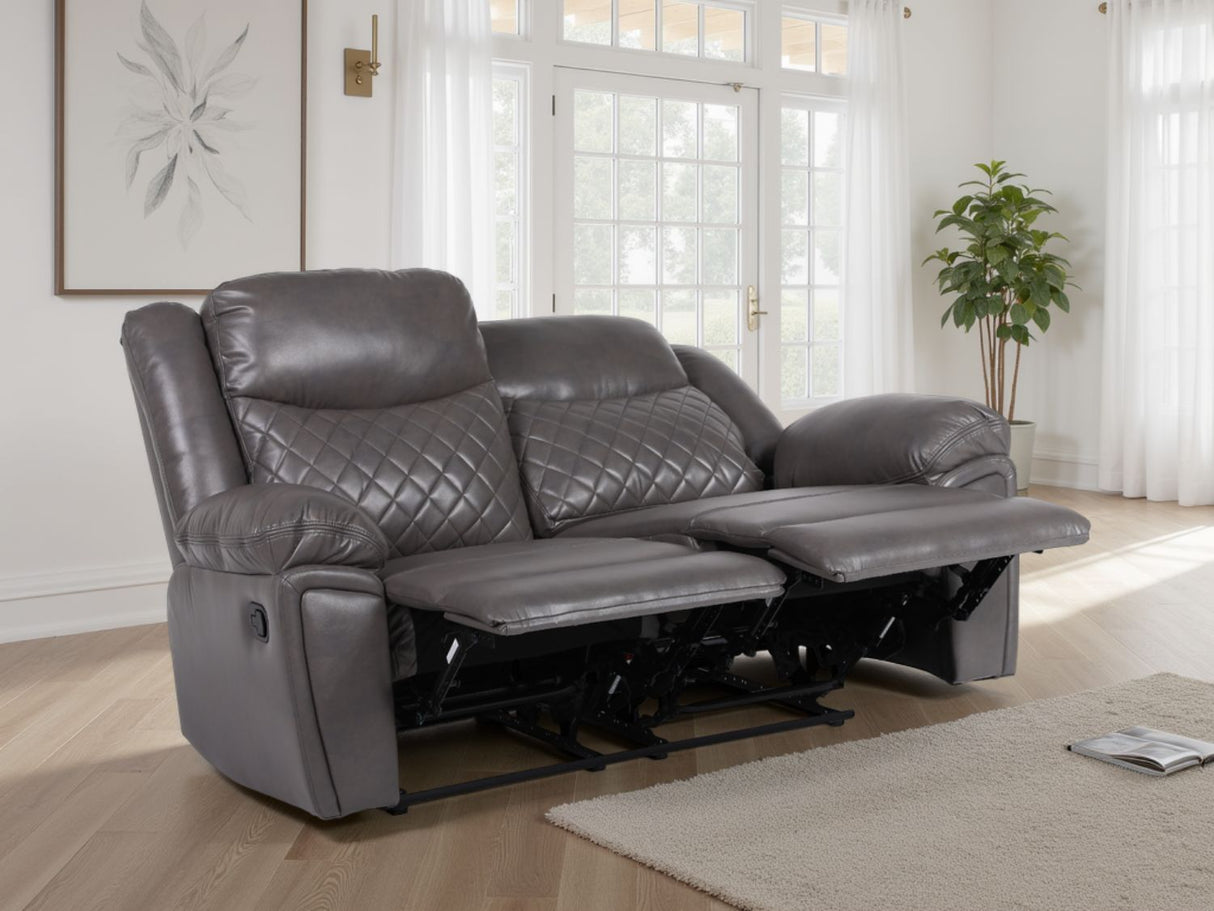 Grey Leather 2 Seater Quilted Manual Recliner Sofa