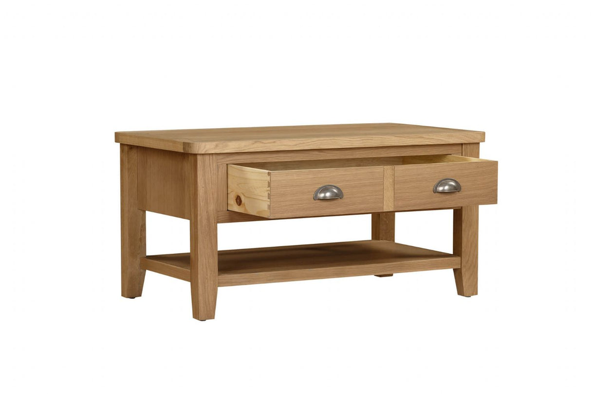 Natural Oak Small Coffee Table with Drawers and Shelf