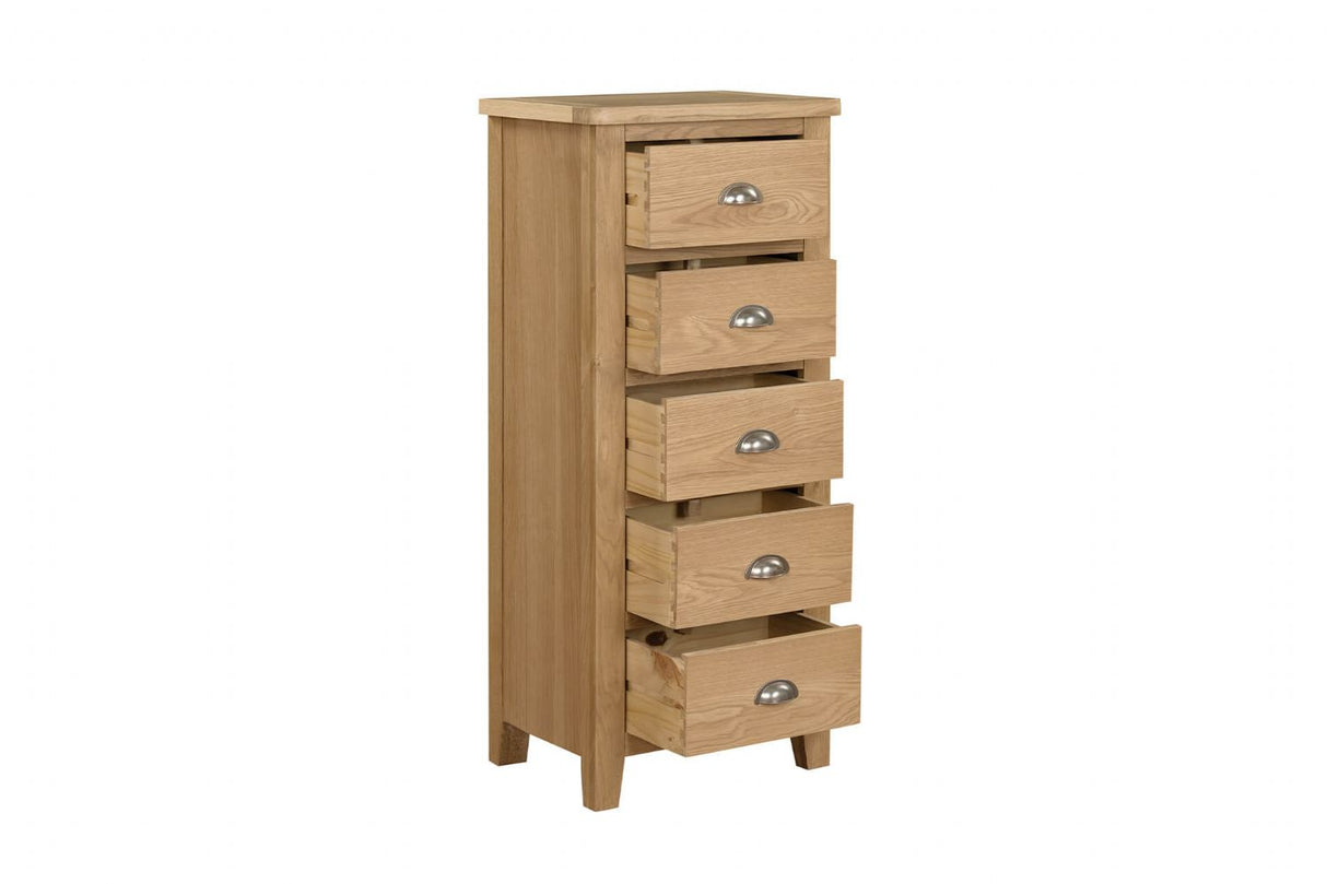 Natural Oak Narrow Chest of 5 Drawers Tallboy