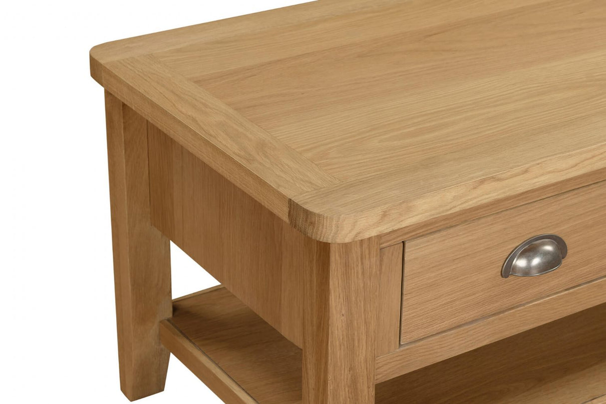 Natural Oak Small Coffee Table with Drawers and Shelf