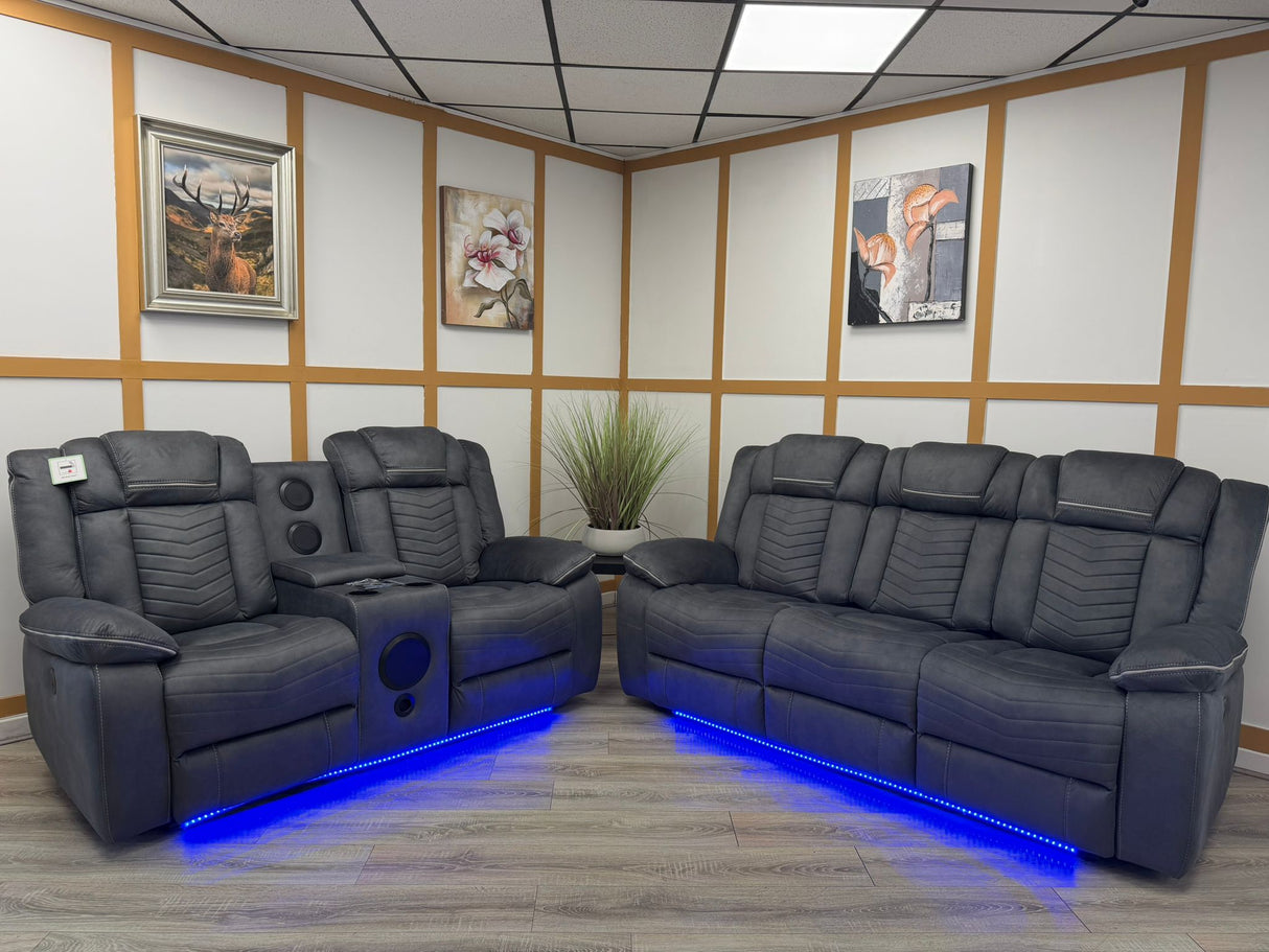Aspen Smart Electric Recliner Sofa Set 3+2 – Grey Fabric with Bluetooth Speakers, LED Lights & USB Charging