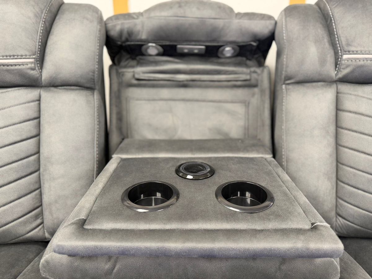 Aspen Smart Electric Recliner Sofa Set 3+2 – Grey Fabric with Bluetooth Speakers, LED Lights & USB Charging