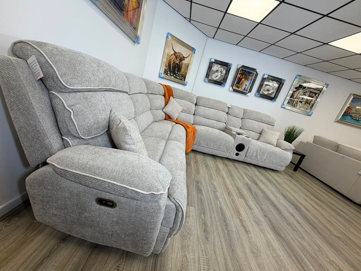 DFS Electric Recliner Corner Sofa – Biege Fabric with Bluetooth Speaker & USB