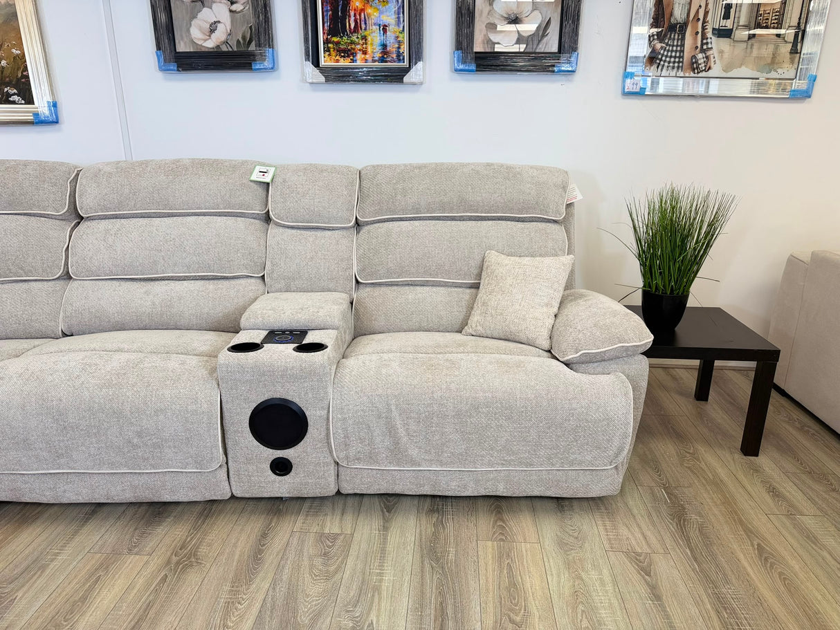 DFS Electric Recliner Corner Sofa – Biege Fabric with Bluetooth Speaker & USB