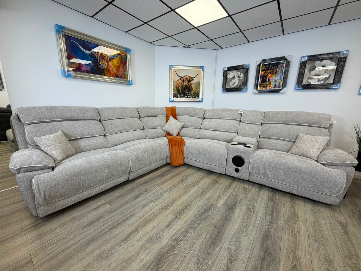 DFS Electric Recliner Corner Sofa – Biege Fabric with Bluetooth Speaker & USB