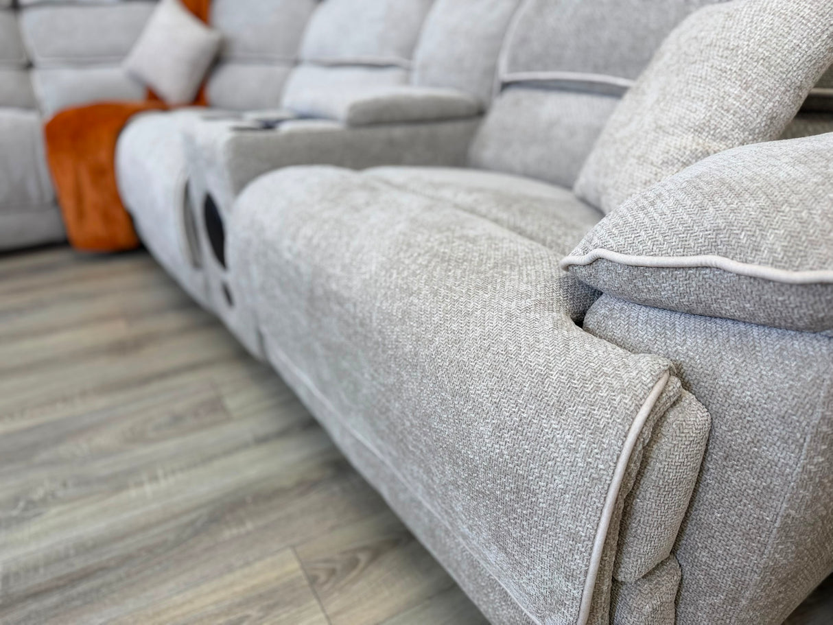 DFS Electric Recliner Corner Sofa – Biege Fabric with Bluetooth Speaker & USB