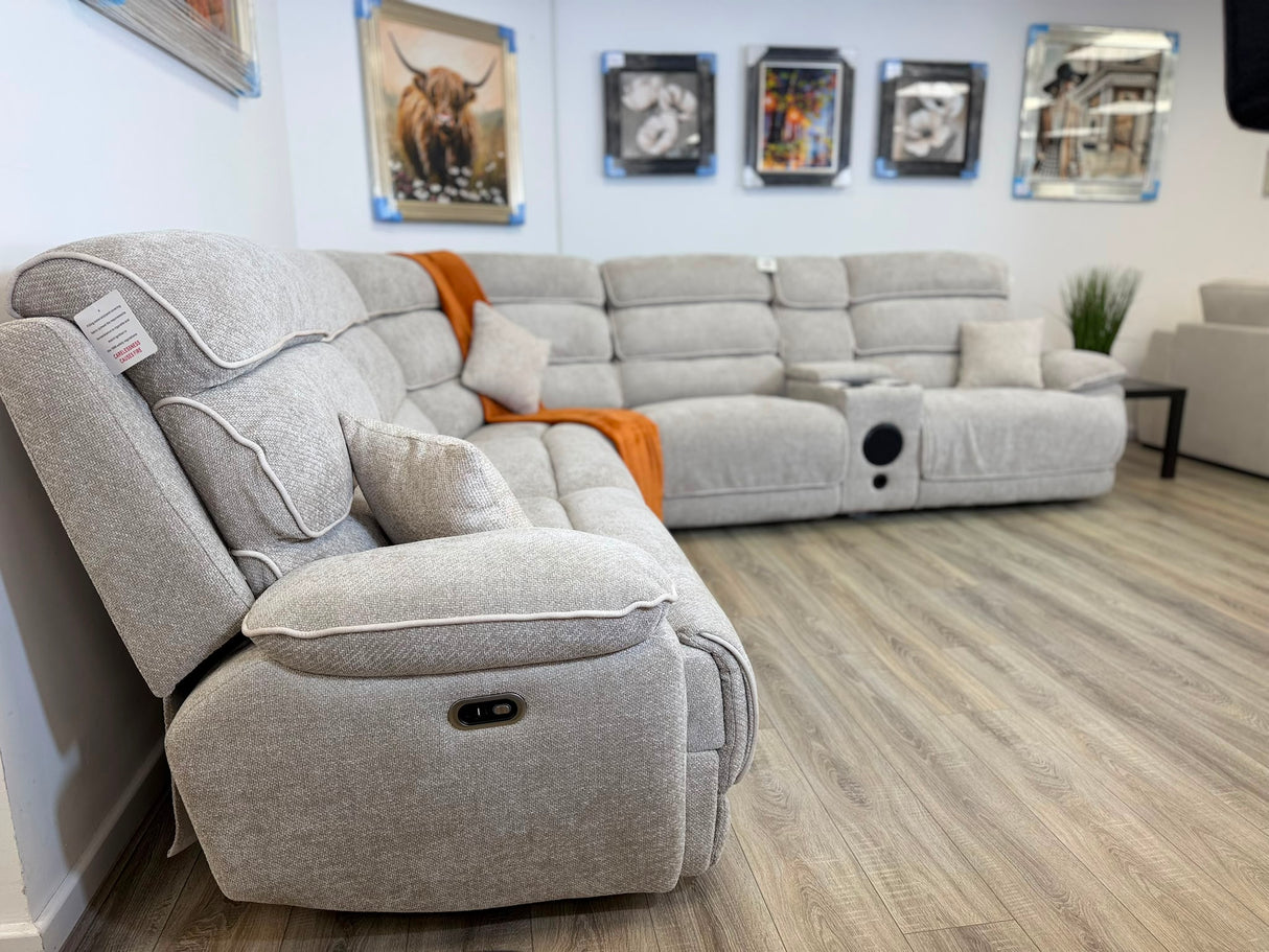 DFS Electric Recliner Corner Sofa – Biege Fabric with Bluetooth Speaker & USB
