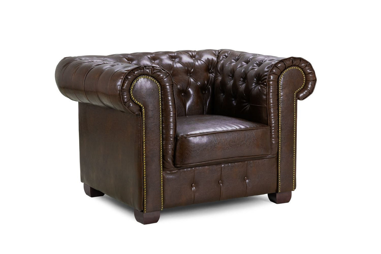 Antique Brown Leather Effect Buttoned Design Armchair