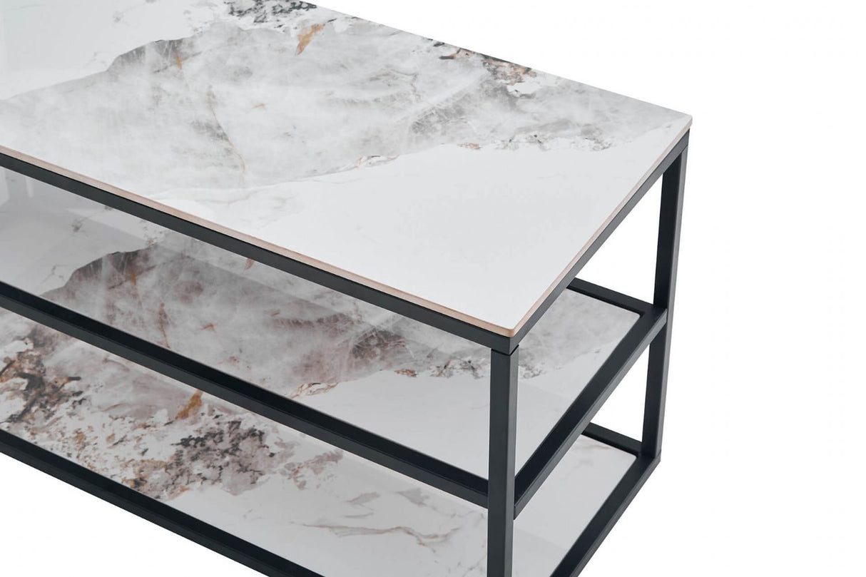 White Marble Effect Stone TV Media Unit Metal Framed