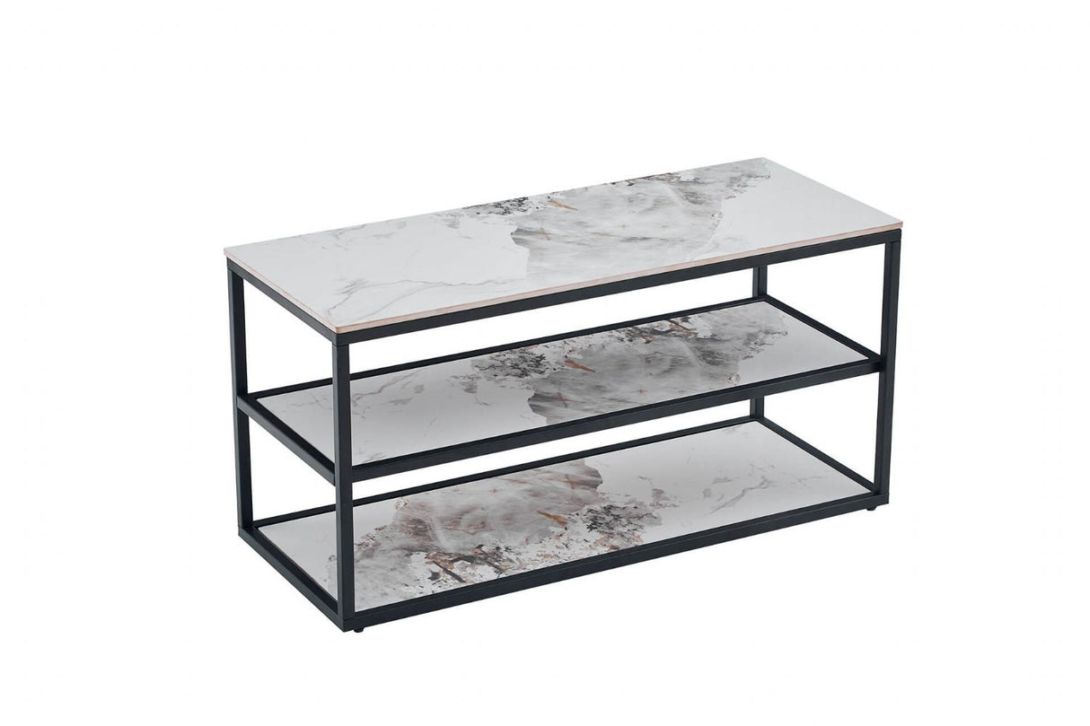 White Marble Effect Stone TV Media Unit Metal Framed