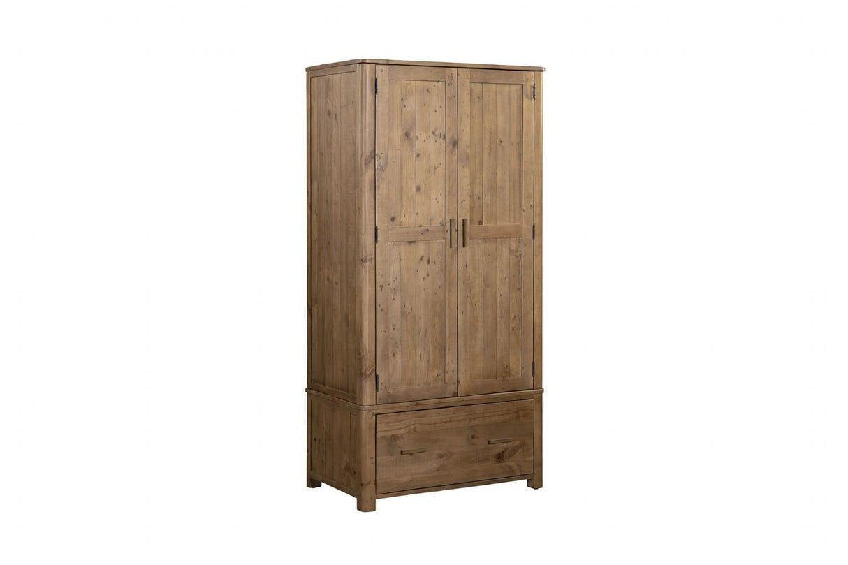 Rustic Solid Wood 2 Door Double Wardrobe with Drawer
