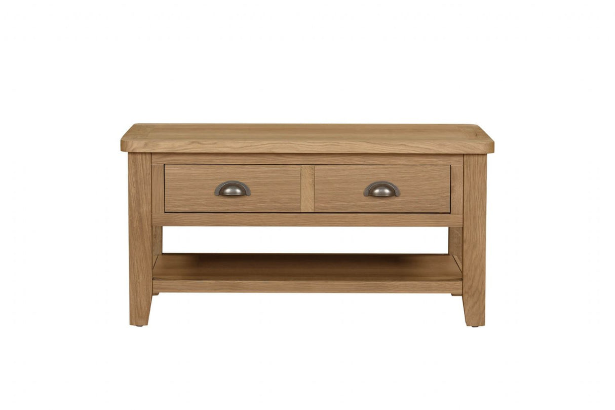 Natural Oak Small Coffee Table with Drawers and Shelf
