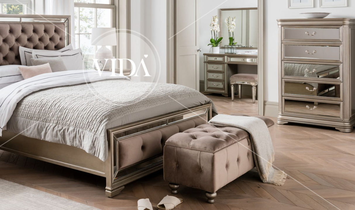 Buttoned Taupe Velvet Fabric Storage Ottoman Footstool