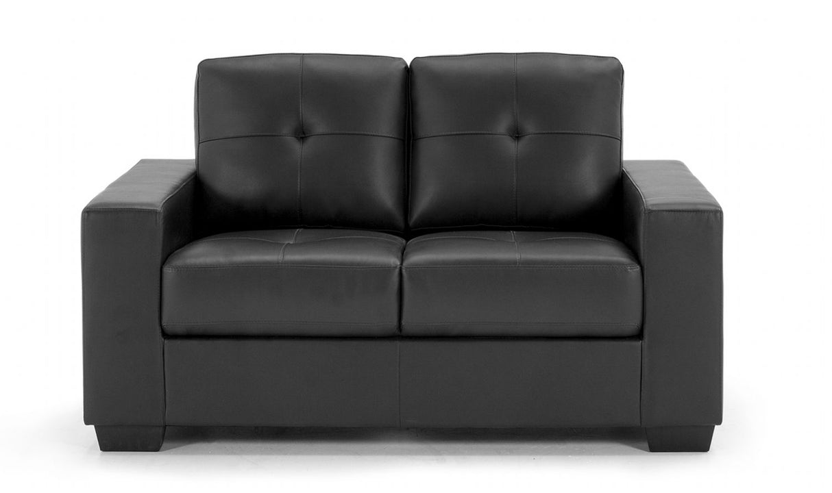 Modern Black Bonded Leather Buttoned 2 Seater Sofa with Fixed Cushions
