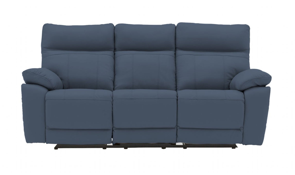 Modern Blue Leather 3 Seater Manual Reclining Sofa