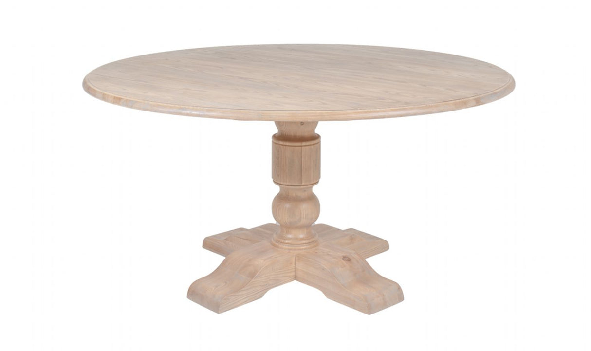 Natural Rustic Washed Oak Finish Round Dining Table with Pedestal Base