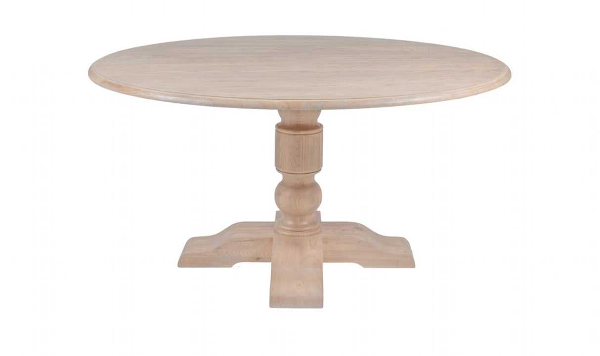 Natural Rustic Washed Oak Finish Round Dining Table with Pedestal Base
