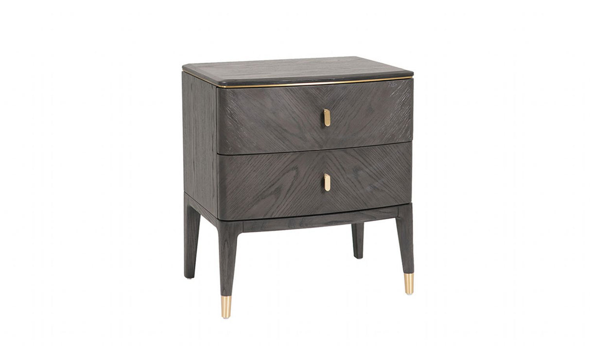 Brown Ribbed Wooden 2 Drawer Bedside Table with Gold Detailing