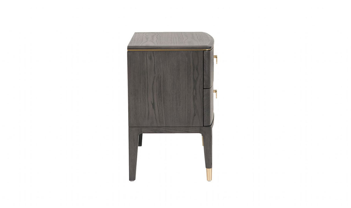 Brown Ribbed Wooden 2 Drawer Bedside Table with Gold Detail
