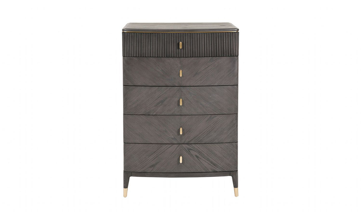 Tall Dark Brown Wood Chest of 5 Drawers with Golden Inlay